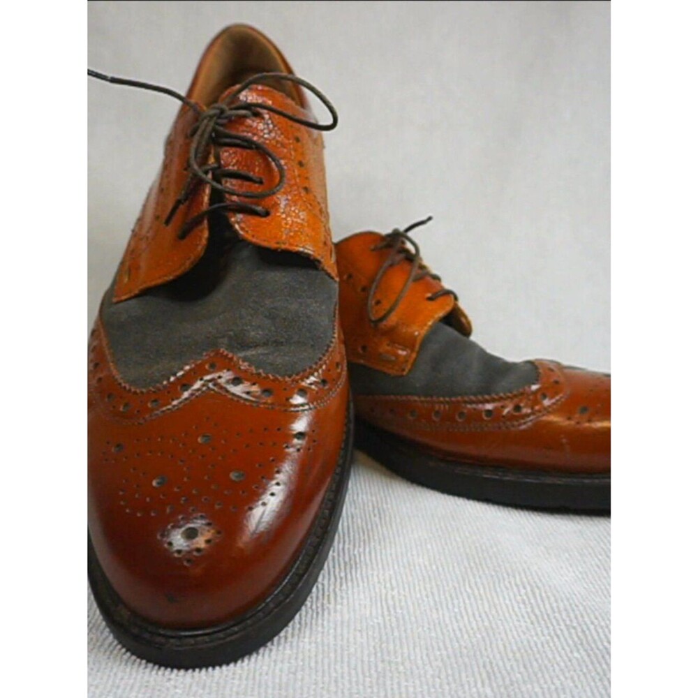 London Embassy men's two-tone wingtip Oxford dress shoes brown and gray leather,